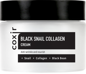 Coxir Black Snail Collagen Cream, biały słoik z czarną pokrywką, front, zawiera ślimak, kolagen, czarną fasolę.
