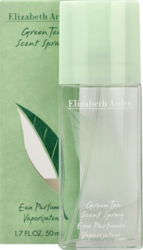 Elizabeth Arden Green Tea Scent Spray, przezroczysta butelka z zieloną nakrętką przed zielonym pudełkiem, widok z przodu.