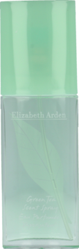 Przezroczysta butelka perfum Elizabeth Arden Green Tea Eau Parfumee z zieloną nakrętką i liściem.