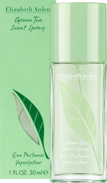 Elizabeth Arden Green Tea Scent Spray, 30ml, w przezroczystej butelce i jasnozielonym pudełku z liściem herbaty, widok z przodu.