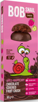 Różowe opakowanie BOB SNAIL Choco, owocowe ciasteczka Jabłko Malina w 70% ciemnej belgijskiej czekoladzie.