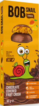 BOB SNAIL Mango Chocolate Covered Fruit Crush in 30g orange box, front view with snail character and sliced mango treat.