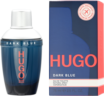 Hugo Boss Dark Blue EDT, orientalno-przyprawowa. Ciemnoniebieska butelka i pudełko stoją obok siebie, widok frontalny.