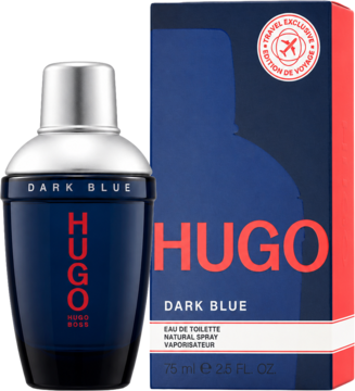 Hugo Boss Dark Blue EDT, ciemnoniebieska butelka w kształcie shakera, obok dopasowane pudełko z napisem HUGO.