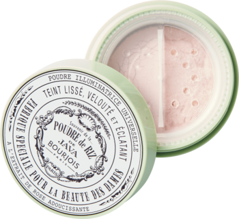Sypki puder ryżowy Bourjois Poudre de Riz de Java w miętowym, vintage opakowaniu, otwarty i zamknięty.
