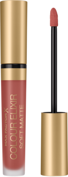 Szminka Max Factor Colour Elixir Soft Matte 010 Muted Russet, tubka i otwarty aplikator z formułą.