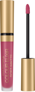 Max Factor Colour Elixir Soft Matte Blushing Ruby, różowa matowa szminka w płynie. Widoczny aplikator i tubka.