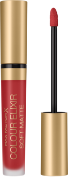 Max Factor Colour Elixir Soft Matte bright red liquid lipstick, open with golden cap, showing applicator.