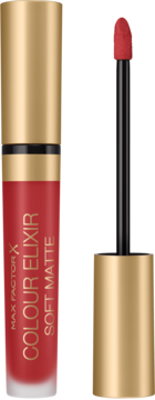 Max Factor Colour Elixir Soft Matte bright red liquid lipstick, open with golden cap, showing applicator.