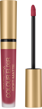Szminka Max Factor Colour Elixir Soft Matte 035 Faded Red. Matowa czerwień, złota nakrętka, aplikator obok.