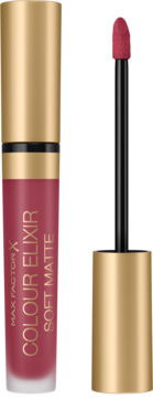 Szminka Max Factor Colour Elixir Soft Matte 035 Faded Red. Matowa czerwień, złota nakrętka, aplikator obok.