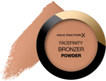 Max Factor Facefinity Bronzer Powder 001 Light Medium, okrągły kompakt w kolorze czarno-złotym.