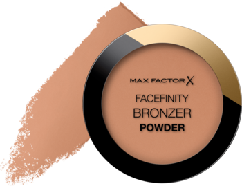 Max Factor Facefinity Bronzer Powder 001 Light Medium, okrągły kompakt w kolorze czarno-złotym.
