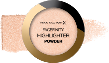 Max Factor Facefinity 01 Nude Beam, puder rozświetlający w okrągłym beżowym kompakcie, satynowe wykończenie, widok z góry.