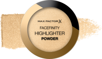 Złoto-beżowy rozświetlacz Max Factor Facefinity Highlighter Powder, okrągły kompakt z czarnym akcentem.