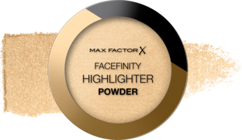 Złoto-beżowy rozświetlacz Max Factor Facefinity Highlighter Powder, okrągły kompakt z czarnym akcentem.