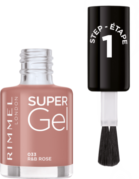 Rimmel Super Gel, żelowy lakier do paznokci 033 R&B Rose, w beżowo-różowej butelce z widocznym pędzelkiem Step 1.