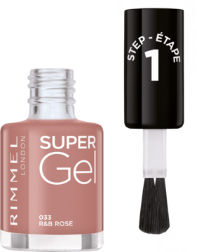Rimmel Super Gel, żelowy lakier do paznokci 033 R&B Rose, w beżowo-różowej butelce z widocznym pędzelkiem Step 1.