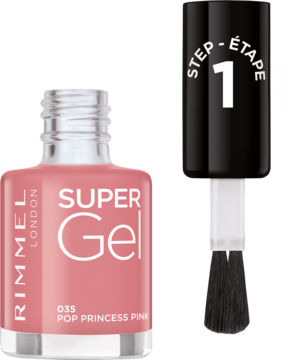Zbliżenie na Rimmel Super Gel 035 Pop Princess Pink, różowy lakier żelowy z otwartą butelką i pędzelkiem.