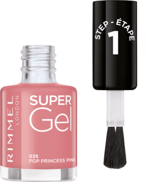 Zbliżenie na Rimmel Super Gel 035 Pop Princess Pink, różowy lakier żelowy z otwartą butelką i pędzelkiem.