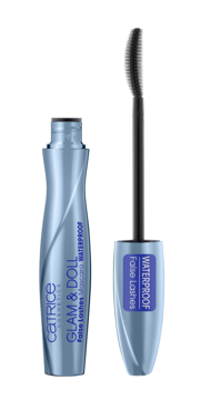Catrice Glam & Doll False Lashes Waterproof Mascara w błękitnej tubie z czarną szczoteczką, widok z przodu.