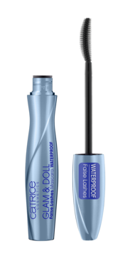 Catrice Glam & Doll False Lashes Waterproof Mascara w błękitnej tubie z czarną szczoteczką, widok z przodu.