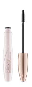 Mascara Catrice Glam&Doll Lash Colorist, otwarta, różowo-złota butelka i czarna karbowana szczoteczka.