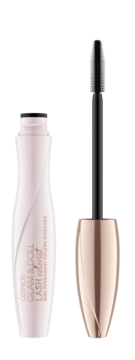 Mascara Catrice Glam&Doll Lash Colorist, otwarta, różowo-złota butelka i czarna karbowana szczoteczka.