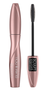Różowo-złota maskara Catrice Glam & Doll Sculpt & Volume z otwartą tubką i elastyczną, czarną szczoteczką.
