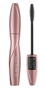 Różowo-złota maskara Catrice Glam & Doll Sculpt & Volume z otwartą tubką i elastyczną, czarną szczoteczką.