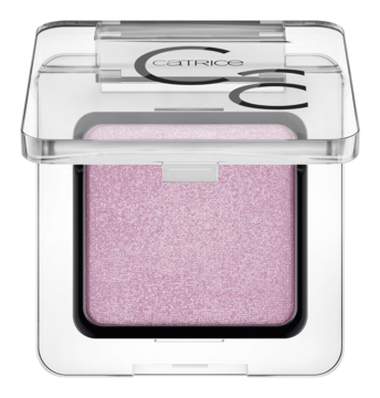 Połyskujący, liliowy cień do powiek Catrice Art Couleurs Eyeshadow w przezroczystej kasetce.