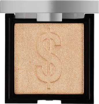 Otwarty, srebrny kompakt z brzoskwiniowym rozświetlaczem 3D, z wytłoczonym znakiem dolara. Pasuje do każdej karnacji.