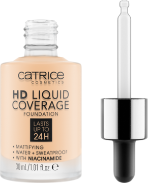 Catrice HD Liquid Coverage Foundation 002 Porcelain Beige, matujący podkład w szklanej butelce z pipetą, widok z przodu.