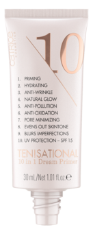 Catrice 10 in 1 Dream Primer, jasnoróżowa tubka z brązowym numerem 10 i listą korzyści, widok z przodu.