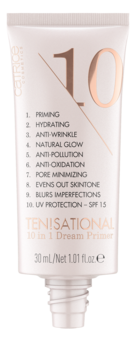 Catrice 10 in 1 Dream Primer, jasnoróżowa tubka z brązowym numerem 10 i listą korzyści, widok z przodu.