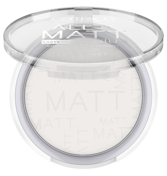 Puder matujący Catrice All Matt Plus, biały, w otwartym okrągłym opakowaniu z przezroczystą pokrywką.