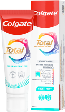 Colgate Total Fresh Mint & Clean pasta do zębów. Czerwono-biała tuba i kartonik, widok z przodu.