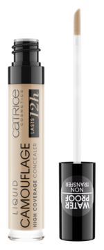 Korektor Catrice Liquid Camouflage beżowy, wodoodporny, butelka z wysuniętym aplikatorem, widok przód-bok.