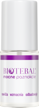 Przezroczysta butelka serum Bioteval Mocne Paznokcie z białą nakrętką i fioletową etykietą, widok z przodu.