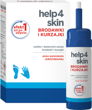 help4skin Brodawki i Kurzajki, środek do krioterapii w niebiesko-białym pudełku z butelką, efekt po 1 użyciu.