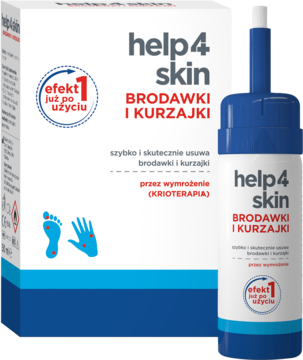 help4skin Brodawki i Kurzajki, środek do krioterapii w niebiesko-białym pudełku z butelką, efekt po 1 użyciu.