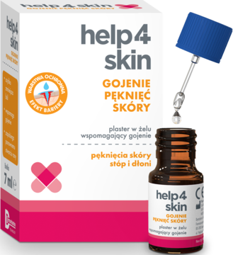 help4skin Gojenie Pęknięć Skóry, żel w brązowej butelce z niebieskim aplikatorem, obok biało-różowego pudełka.