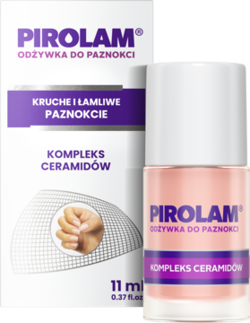 Opakowanie i butelka odżywki Pirolam z kompleksem ceramidów do paznokci łamliwych. Biało-fioletowe pudełko, różowa butelka.