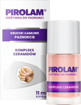 Opakowanie i butelka odżywki Pirolam z kompleksem ceramidów do paznokci łamliwych. Biało-fioletowe pudełko, różowa butelka.