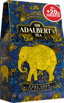 Niebiesko-złota paczka herbaty Sir Adalbert's Earl Grey z pomarańczą, 80g+20g gratis, z motywem słonia.