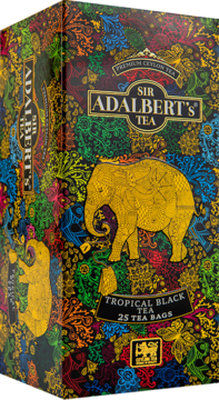 Kolorowe pudełko herbaty Sir Adalbert's Tropical Black Tea z złotym słoniem i kwiatowymi wzorami, widok z przodu pod kątem.