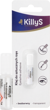 Killys Eyelashes adhesive, transparentny klej do rzęs. Białe opakowanie z widoczną małą buteleczką, przód.