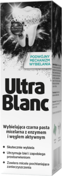 UltraBlanc wybielająca czarna pasta do zębów z węglem aktywnym, białe opakowanie, widok z przodu.