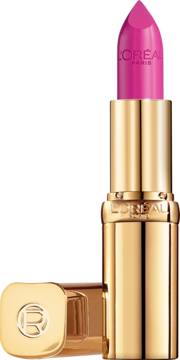 Różowa satynowa pomadka L'Oréal Color Riche w złotej obudowie, widok z przodu z leżącą zakrętką.