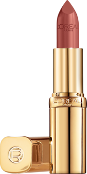 L'Oréal Color Riche satynowa pomadka brązowo-różowa w złotym opakowaniu, obok złota skuwka z logo.